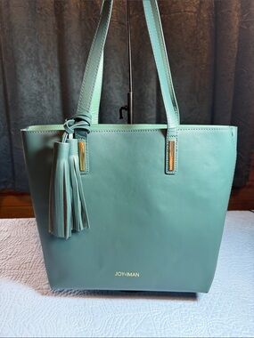 Joy & Iman Teal Green Leather Tote with Tassel